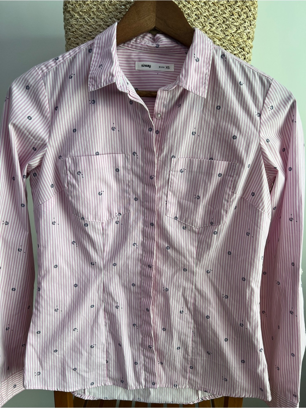 Pink Striped Button-Up Shirt with Navy Dots